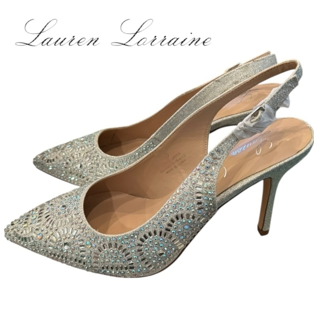 New Lauren Lorraine “Rachel” Silver Embellished Women's Slingback Heels 8